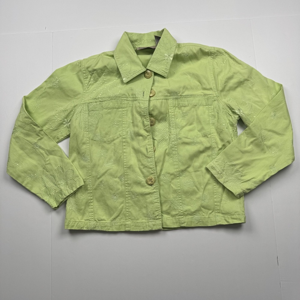 New Directions Womens Small Green Floral Embroidered Cotton Jacket Lightweight